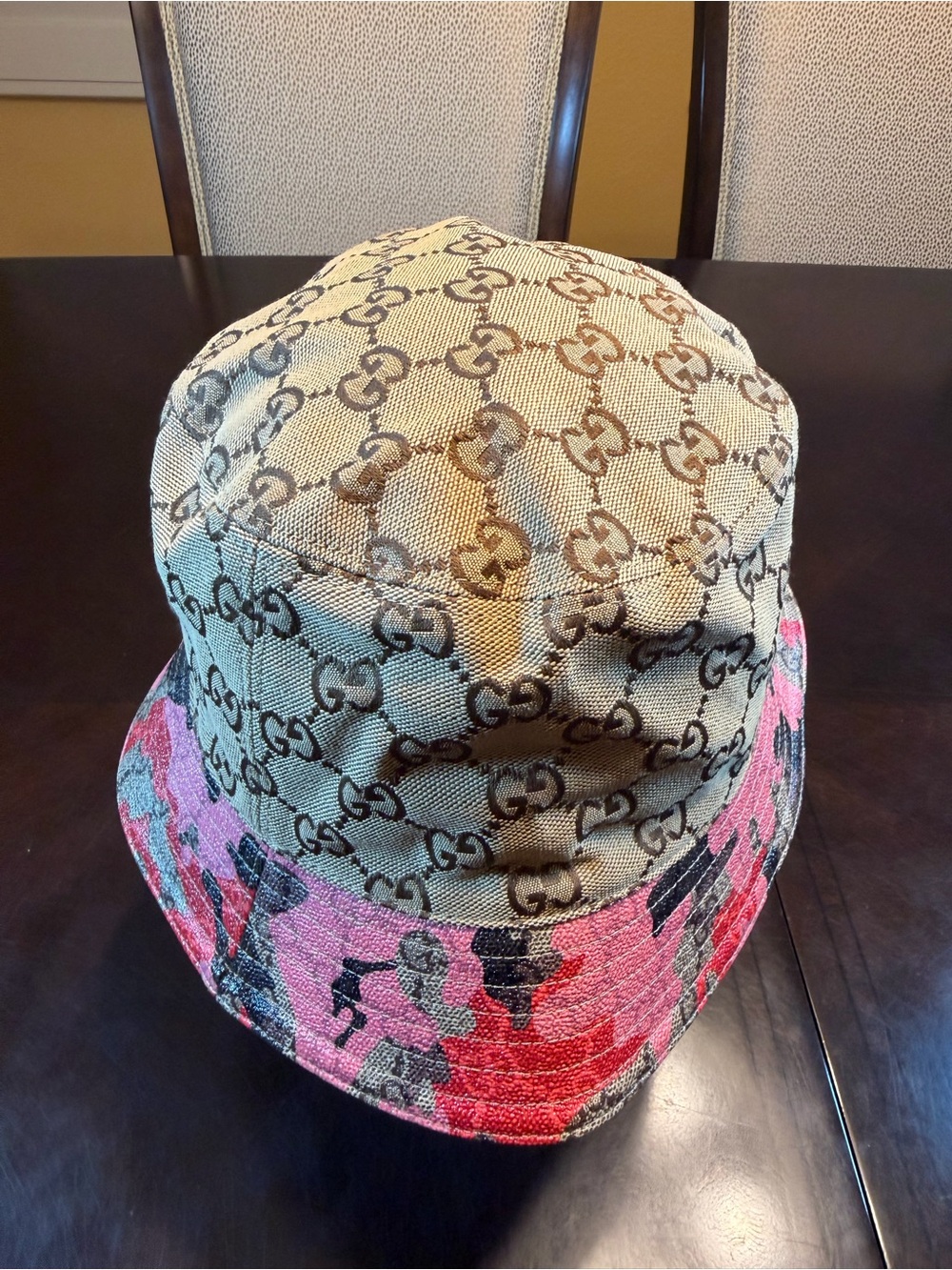 New Authentic Gucci GG Supreme Logo Pink Camo Bucket Hat Tan Size XL - Picture 11 of 16